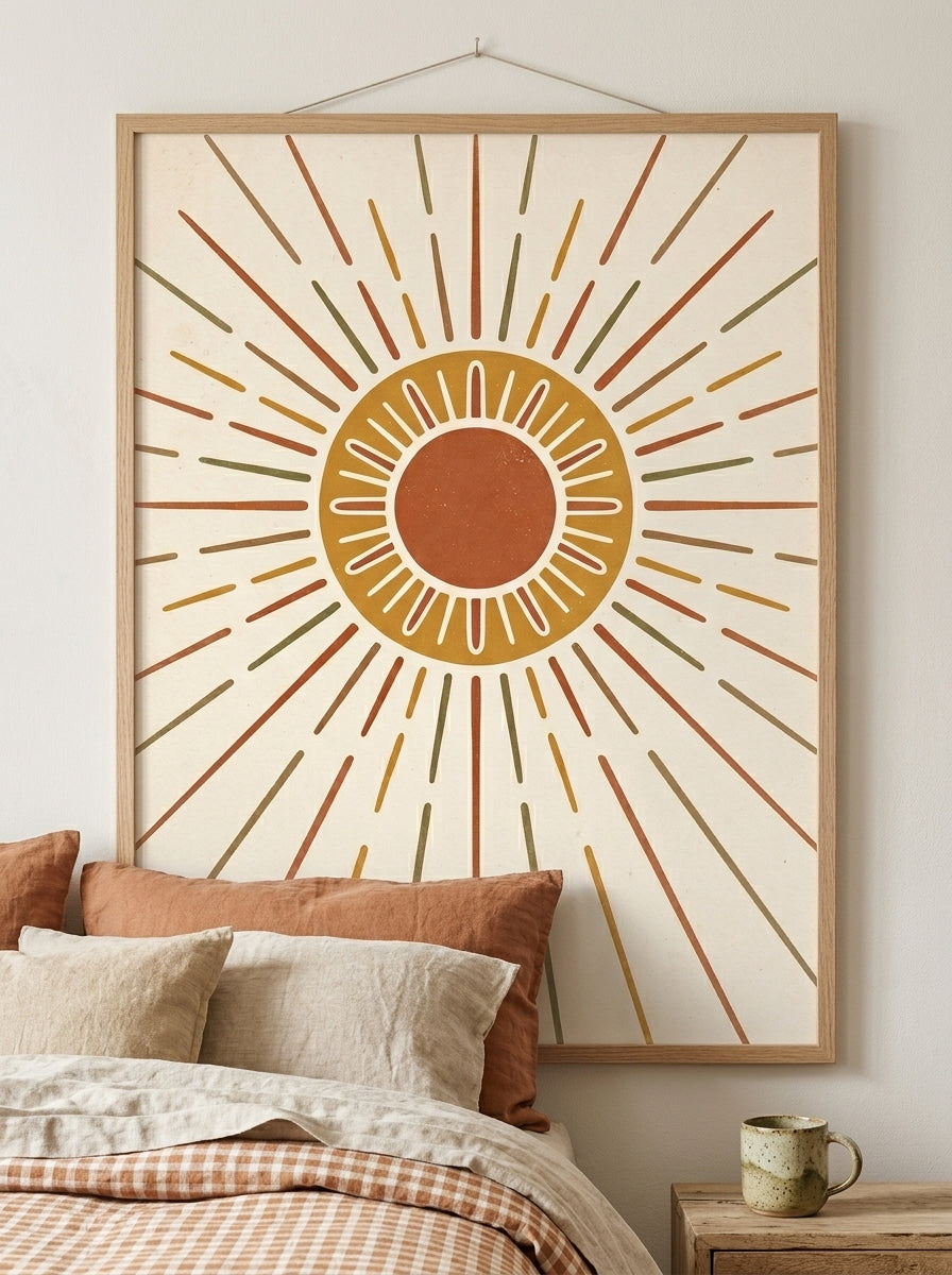 Retro Sol Plakat i ramme i et skandinavisk soveværelse