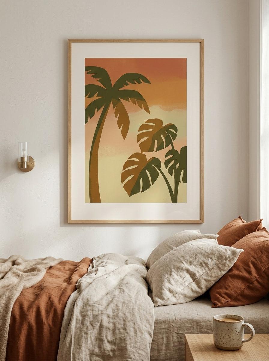 Retro Palme Plakat i ramme i et skandinavisk soveværelse