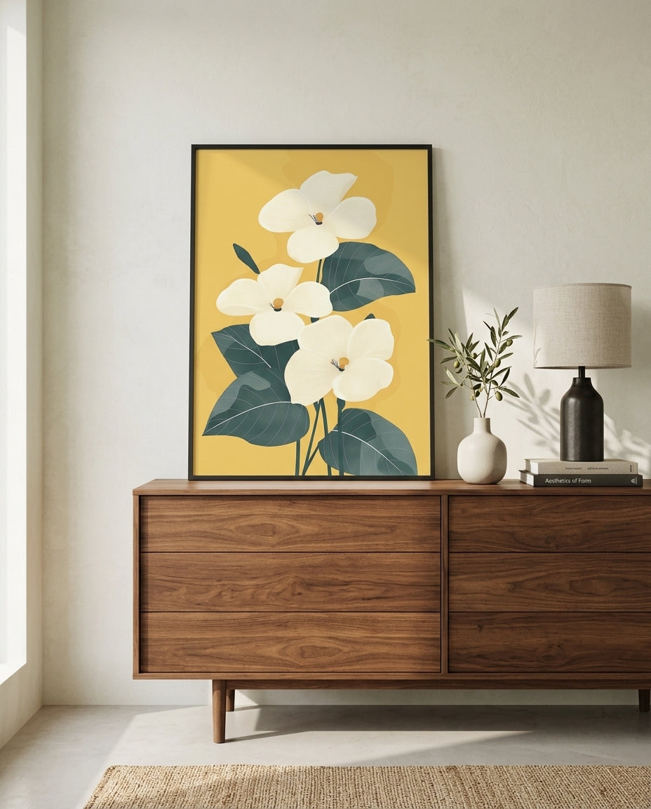 plakat mockup for hvide-blomster-pa-gul-no-2-plakat