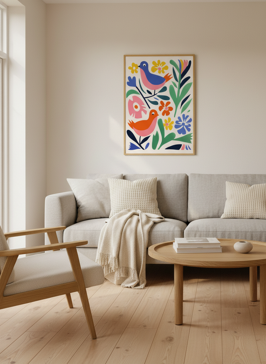 Farverige fugle og blomster plakat