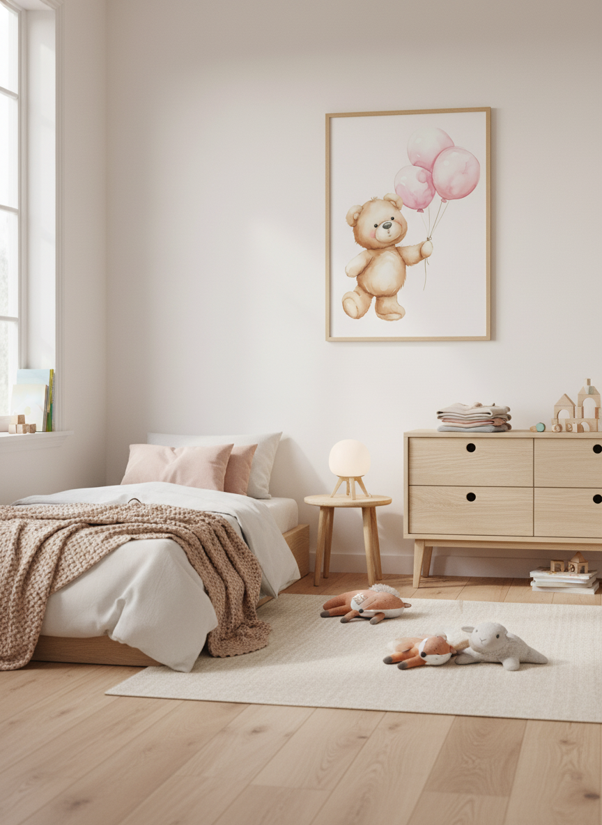 Lyserød bamse med balloner plakat