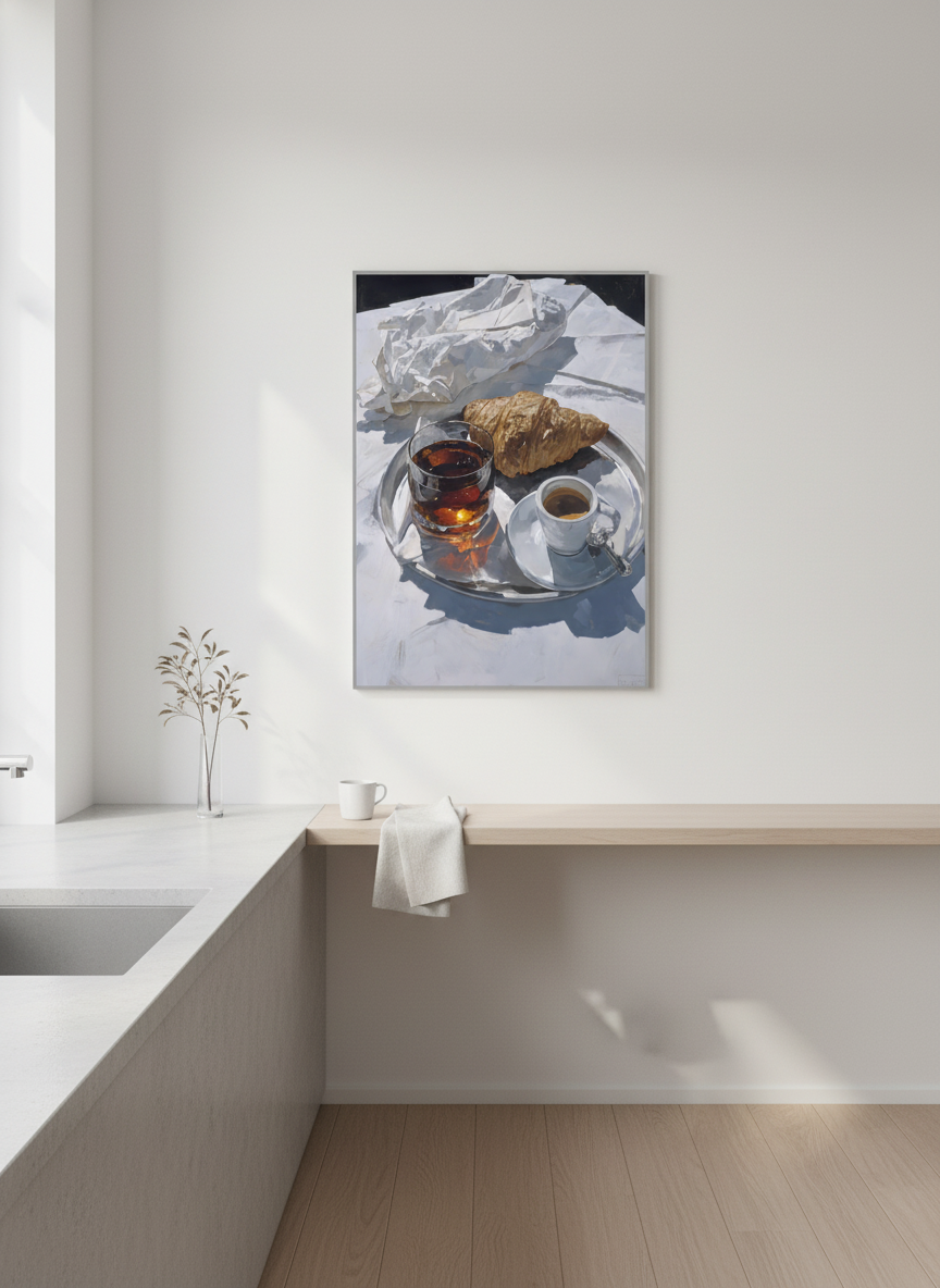 morgenkaffe og croissant plakat – interiør mockup