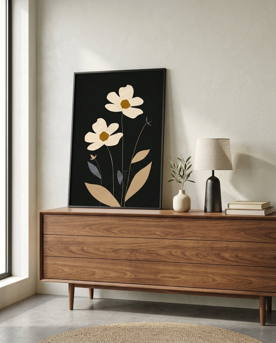 plakat mockup for minimalistisk-blomster-pa-sort-plakat