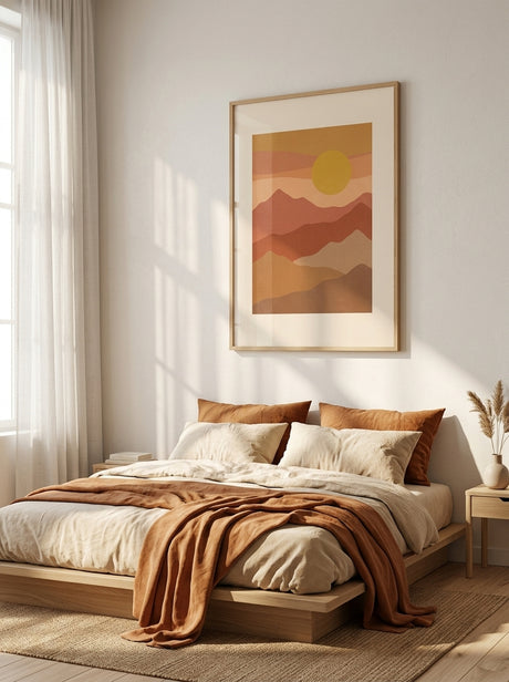 Retro Bjerge Plakat i ramme i et skandinavisk soveværelse
