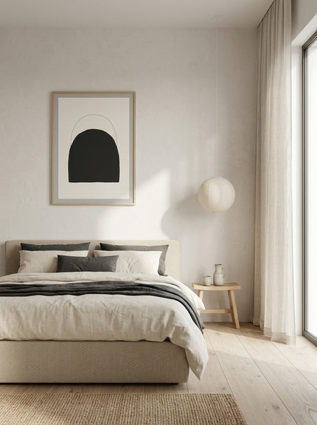 Bue I Plakat i ramme i et skandinavisk soveværelse