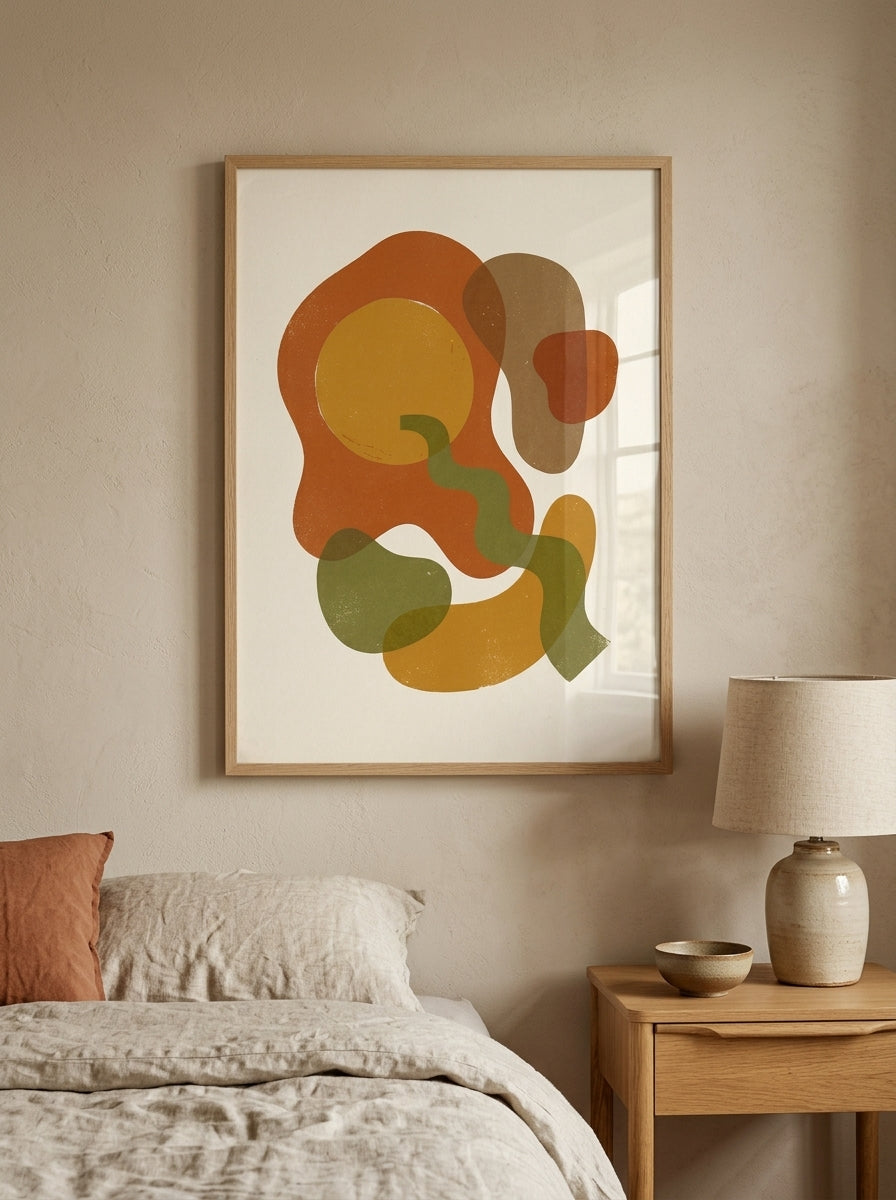 Retro Abstrakt Form Plakat i ramme i et skandinavisk soveværelse