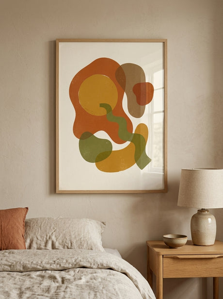 Retro Abstrakt Form Plakat i ramme i et skandinavisk soveværelse