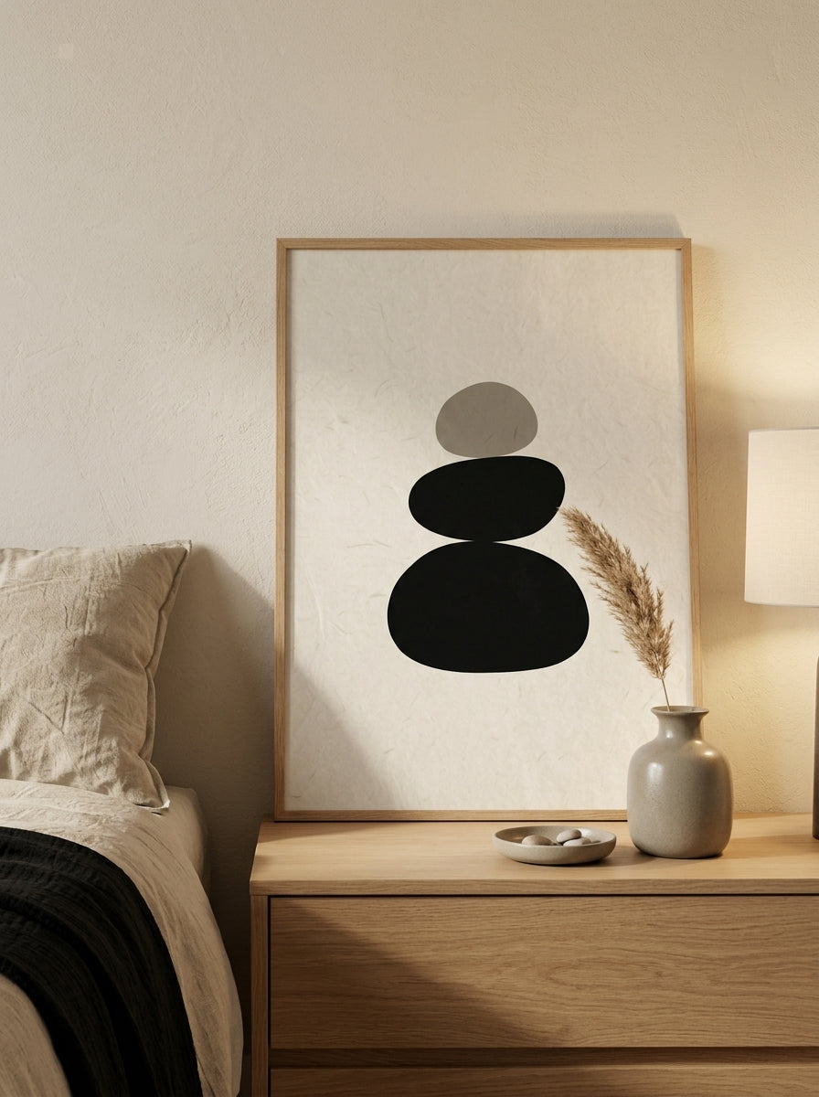 Balance I Plakat i ramme i et skandinavisk soveværelse