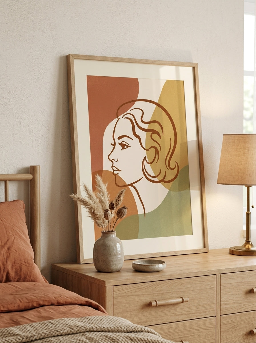 Retro Kvinde Plakat i ramme i et skandinavisk soveværelse
