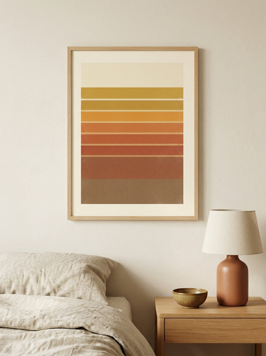 Retro Solnedgang Plakat i ramme i et skandinavisk soveværelse