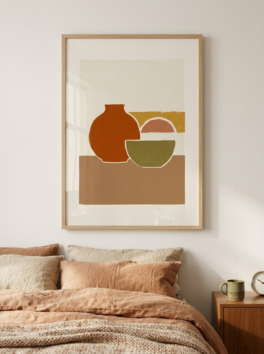 Retro Vase Plakat i ramme i et skandinavisk soveværelse