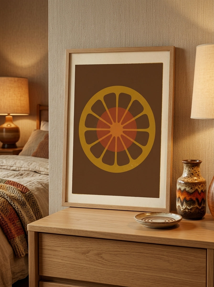 Retro Citrus Plakat i ramme i et skandinavisk soveværelse