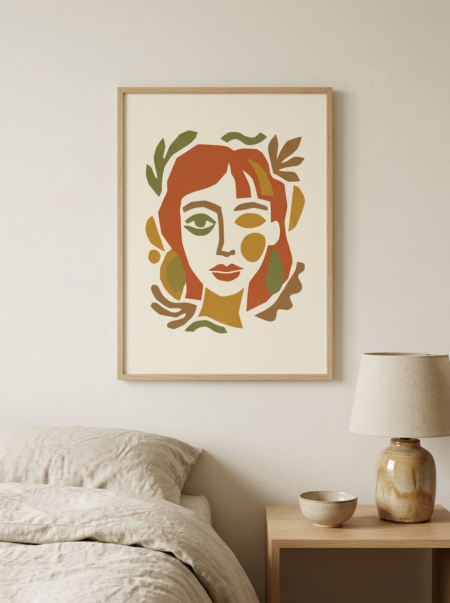 Retro Ansigt Plakat i ramme i et skandinavisk soveværelse