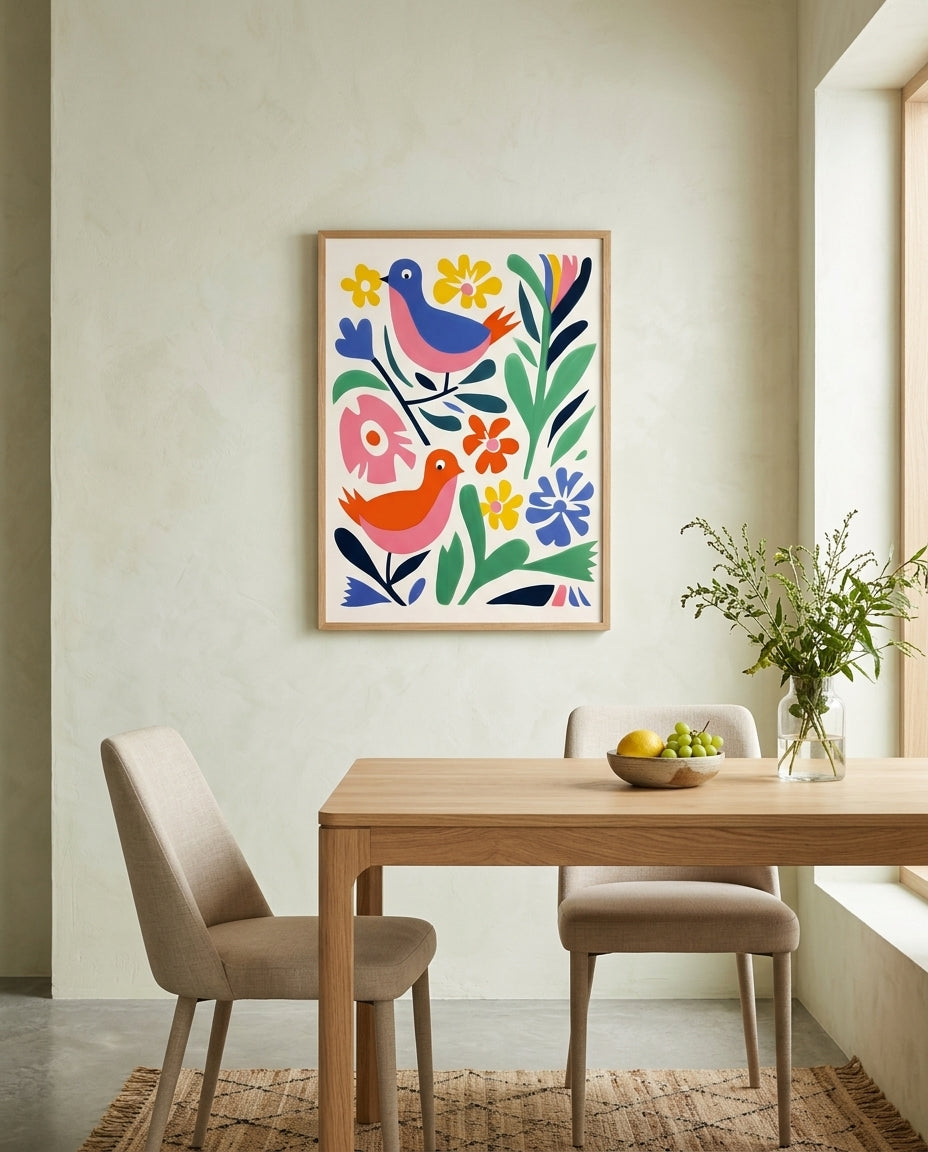 plakat mockup for farverige-fugle-og-blomster-plakat