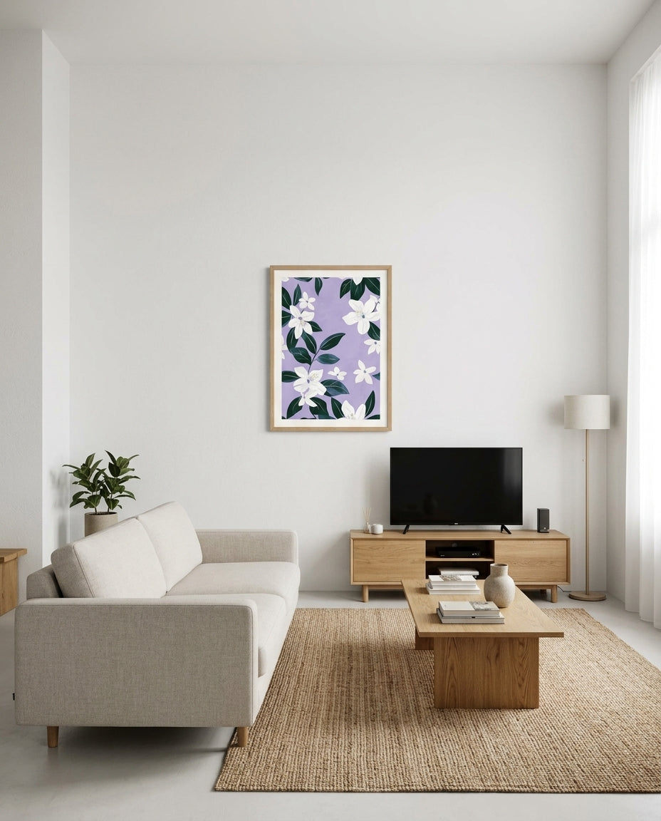 plakat mockup for hvide-blomster-pa-lilla-plakat