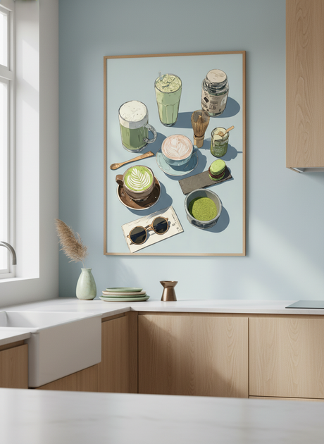 gron matcha cafe plakat – interiør mockup