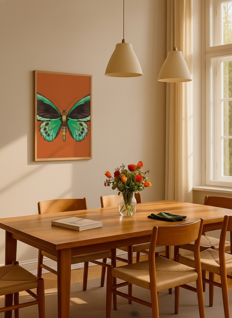 Grøn sommerfugl på orange plakat