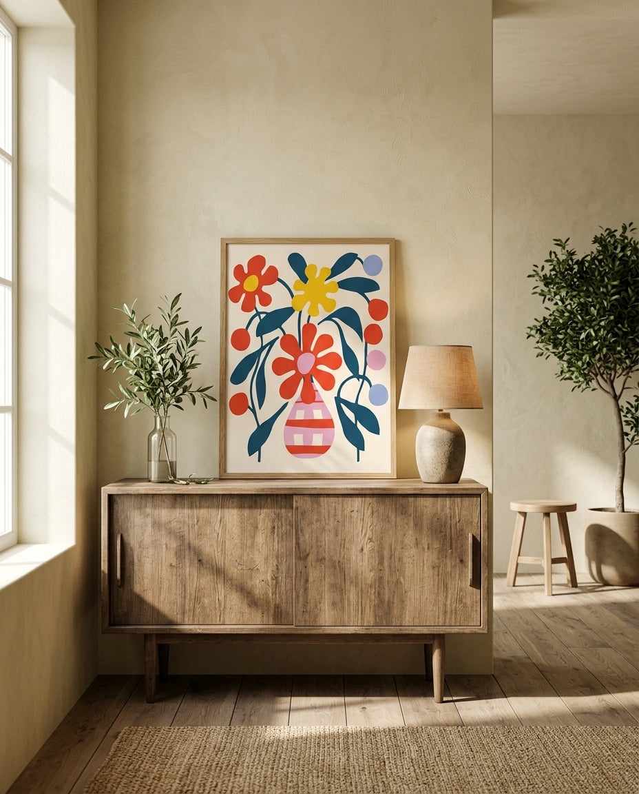 plakat mockup for vase-med-farverige-blomster-plakat