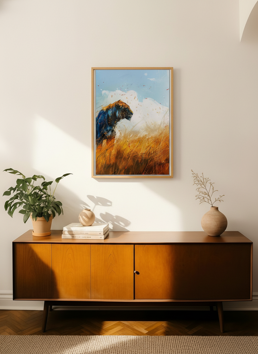 Løve i gyldent græs plakat