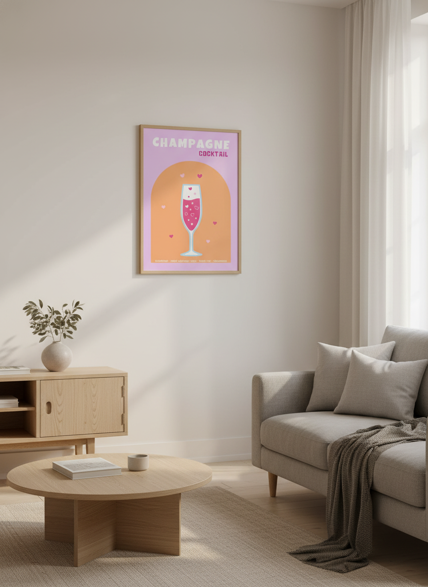 lyserod champagne cocktail plakat – interiør mockup