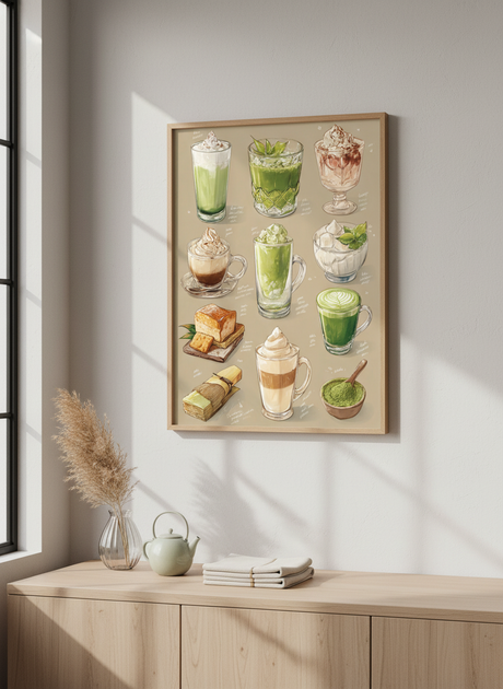 matcha drikke og desserter plakat – interiør mockup