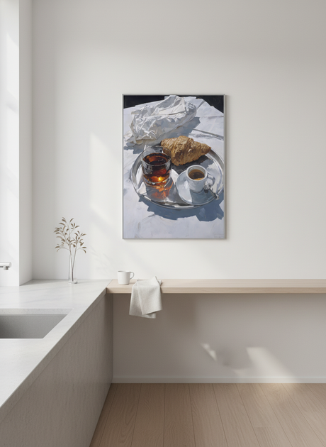 morgenkaffe og croissant plakat – interiør mockup
