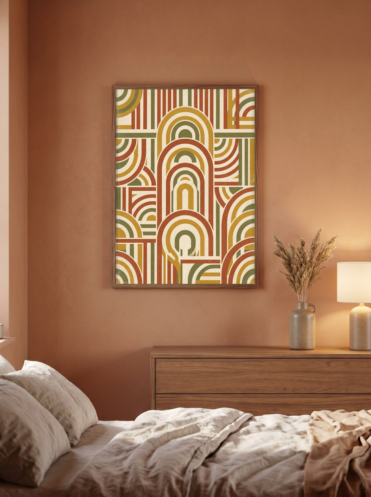 Retro Geometri Plakat i ramme på væg i soveværelse