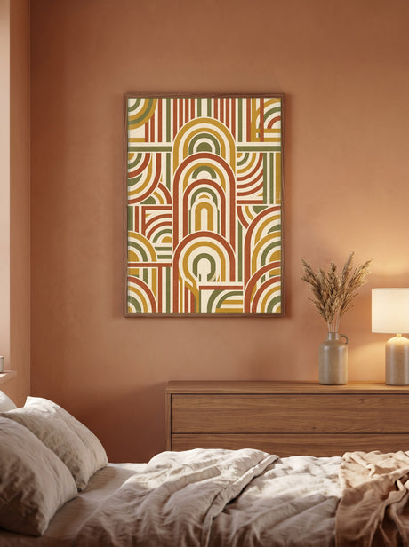 Retro Geometri Plakat i ramme på væg i soveværelse