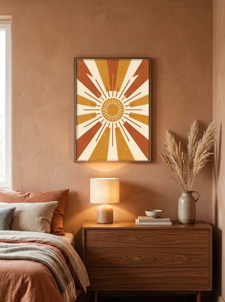 Retro Sol Plakat i ramme på væg i soveværelse