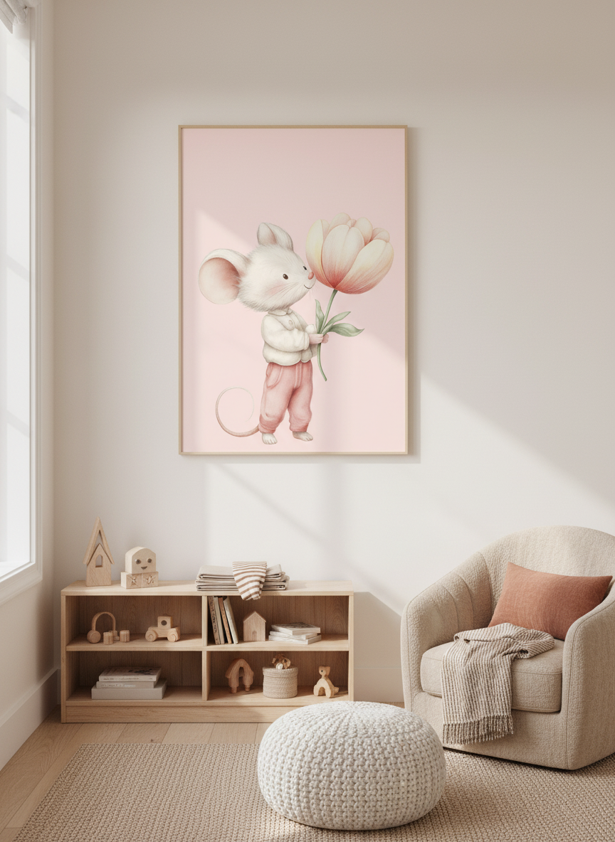Sød mus med tulipan plakat